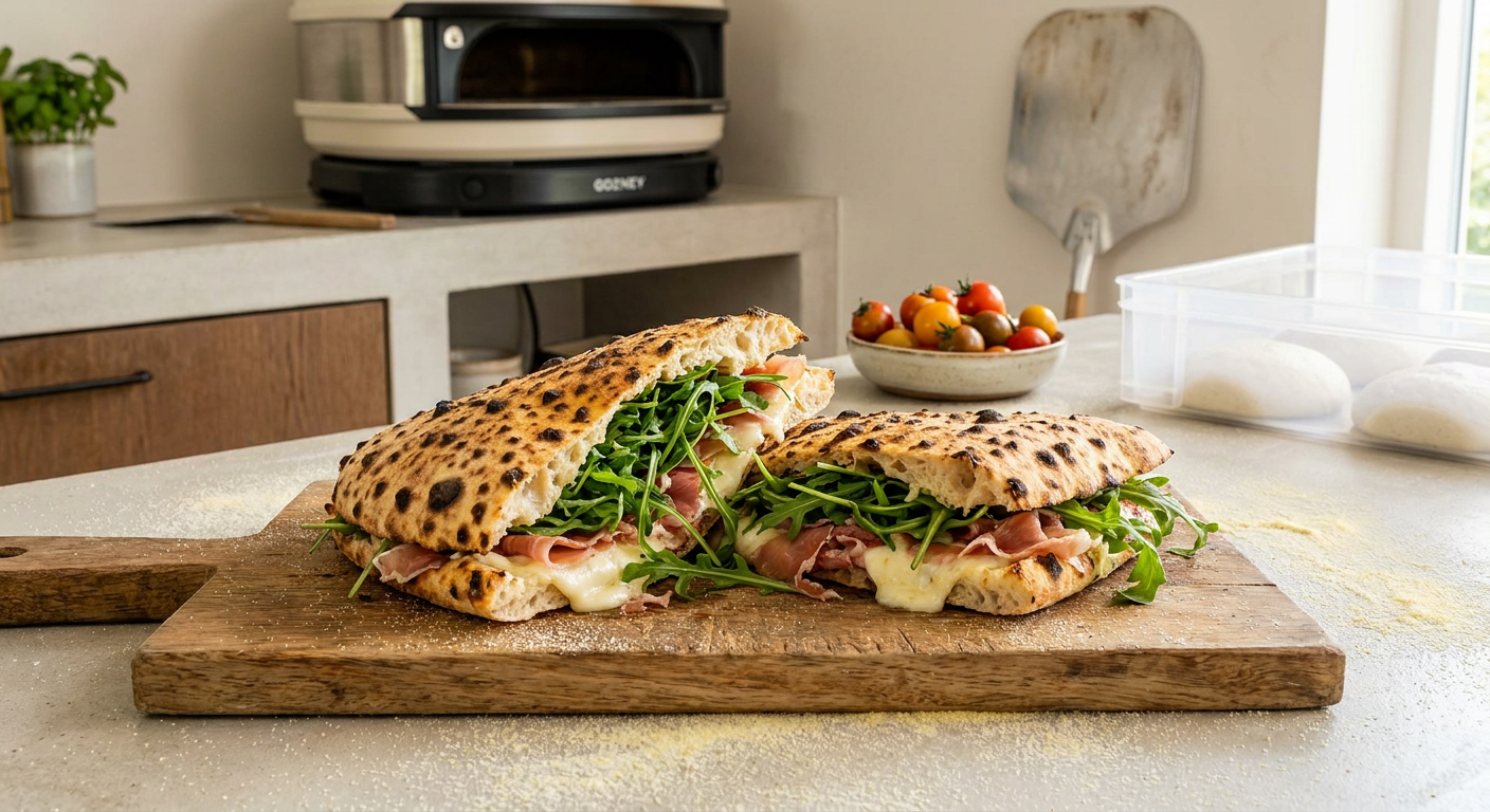 To friskbagte Panuozzo-sandwich fyldt med mozzarella og parmaskinke på et rustikt træbræt ved siden af en pizzaovn.