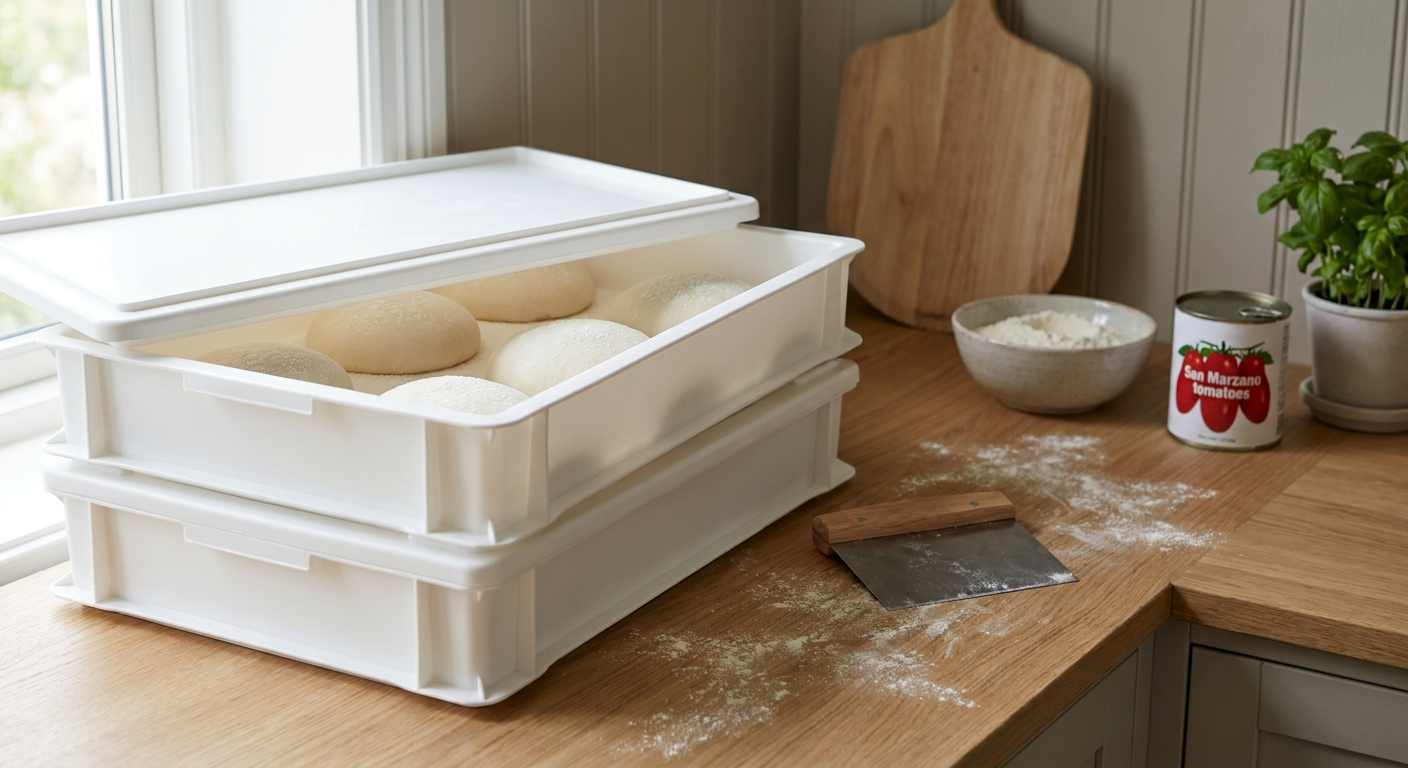 To hvide hævekasser stablet ovenpå hinanden med friskformede dejboller der har kondens på indersiden af låget.