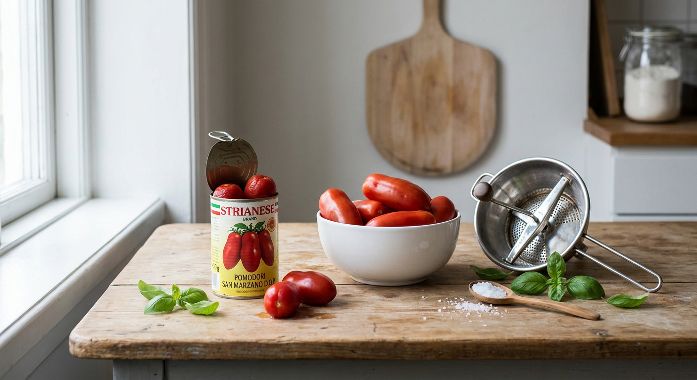En åbnet dåse San Marzano D.O.P. tomater med hele flåede tomater i en skål ved siden af en mouli-kværn.