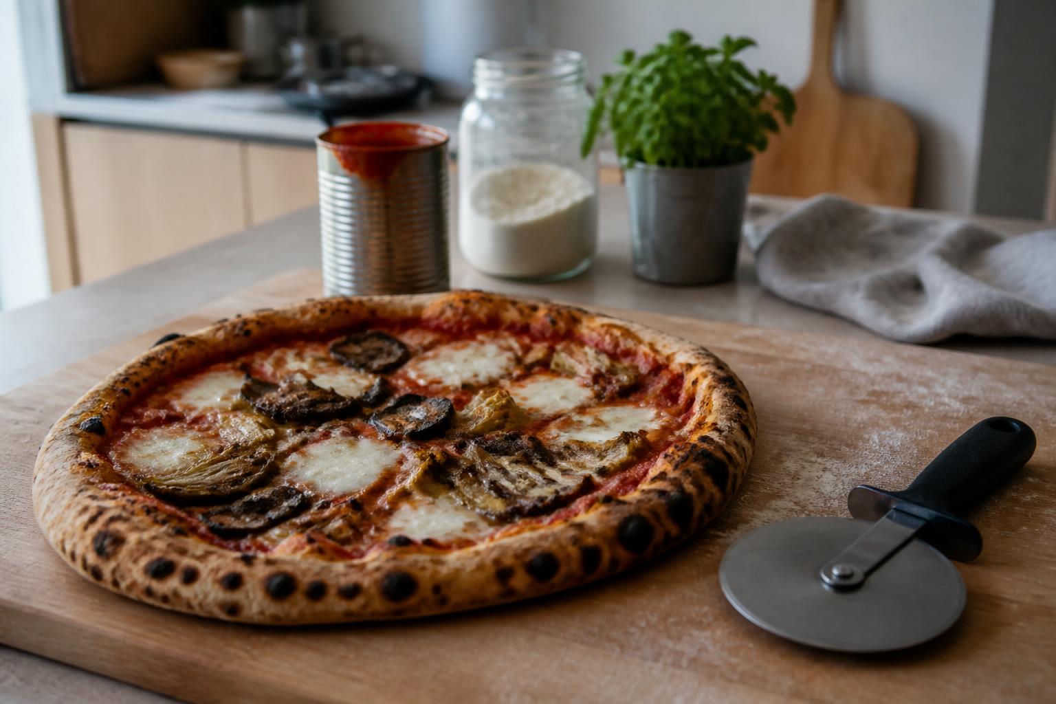 En stor pizzaskærer i rustfrit stål ligger fladt på træskærebrættet ved siden af en nybagt napolitansk pizza med leopardplettet kant.