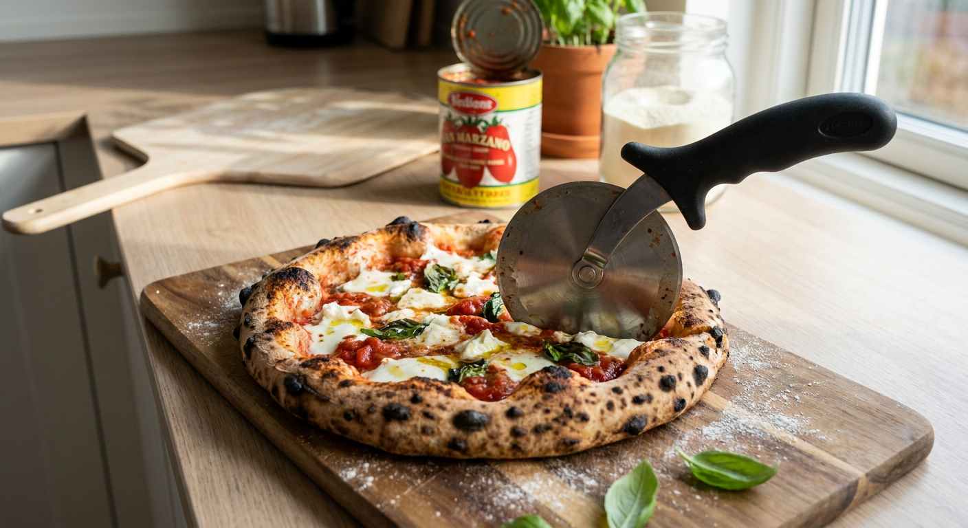 En robust pizzaskærer i rustfrit stål med et stort 10 cm skærehjul, der skærer gennem en luftig napolitansk pizza på et træskærebræt.