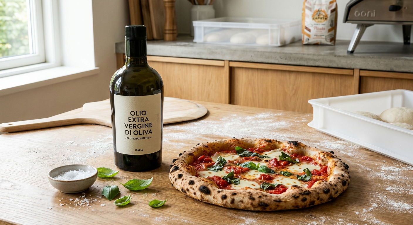 En mørk flaske italiensk ekstra jomfru olivenolie står ved siden af en friskbagt pizza med basilikum på et rustikt træbord.