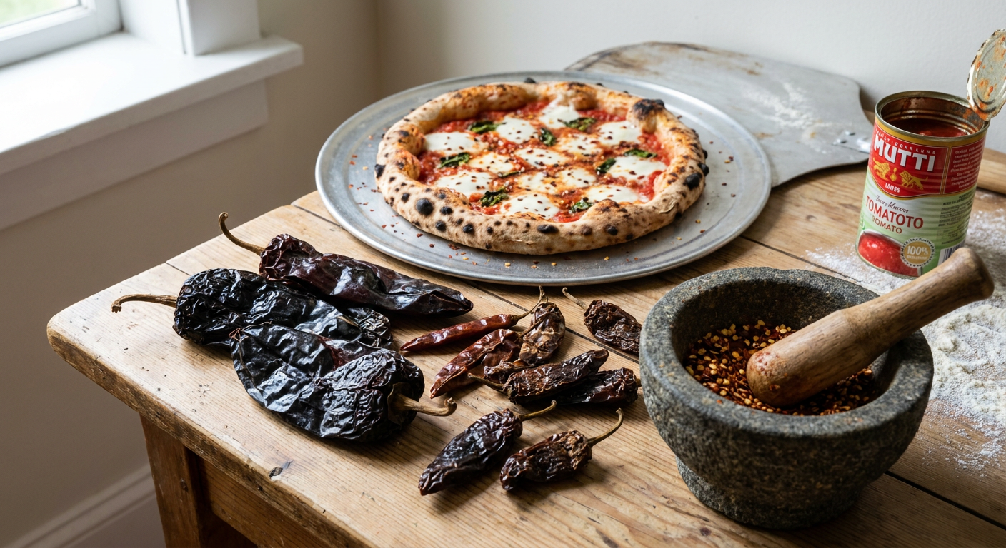 Et udvalg af hele tørrede chilier som Chipotle og Ancho ved siden af en friskbagt pizza med små chiliflager.