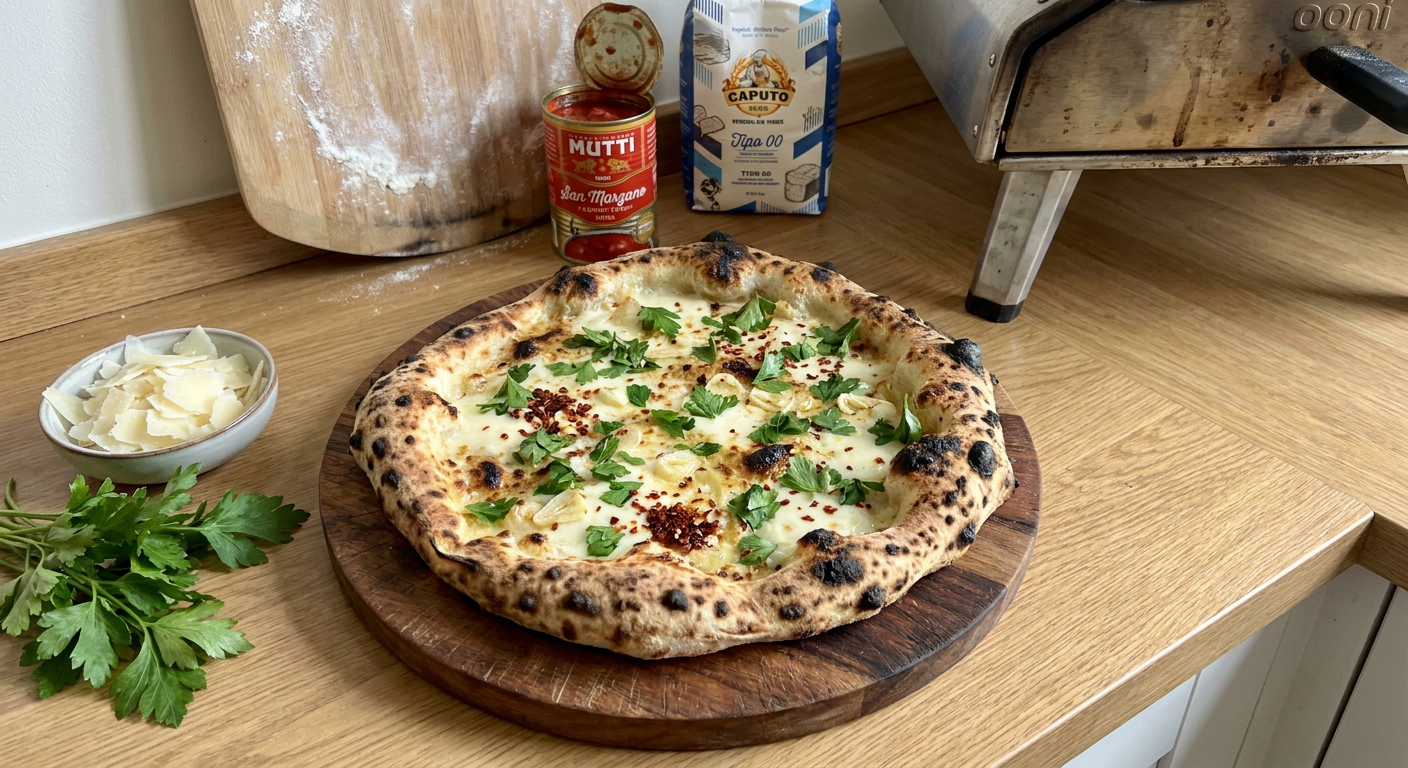 En Pizza Carrettiera med gylden cornicione, masser af hakket persille og flager af pecorino på en træflade.