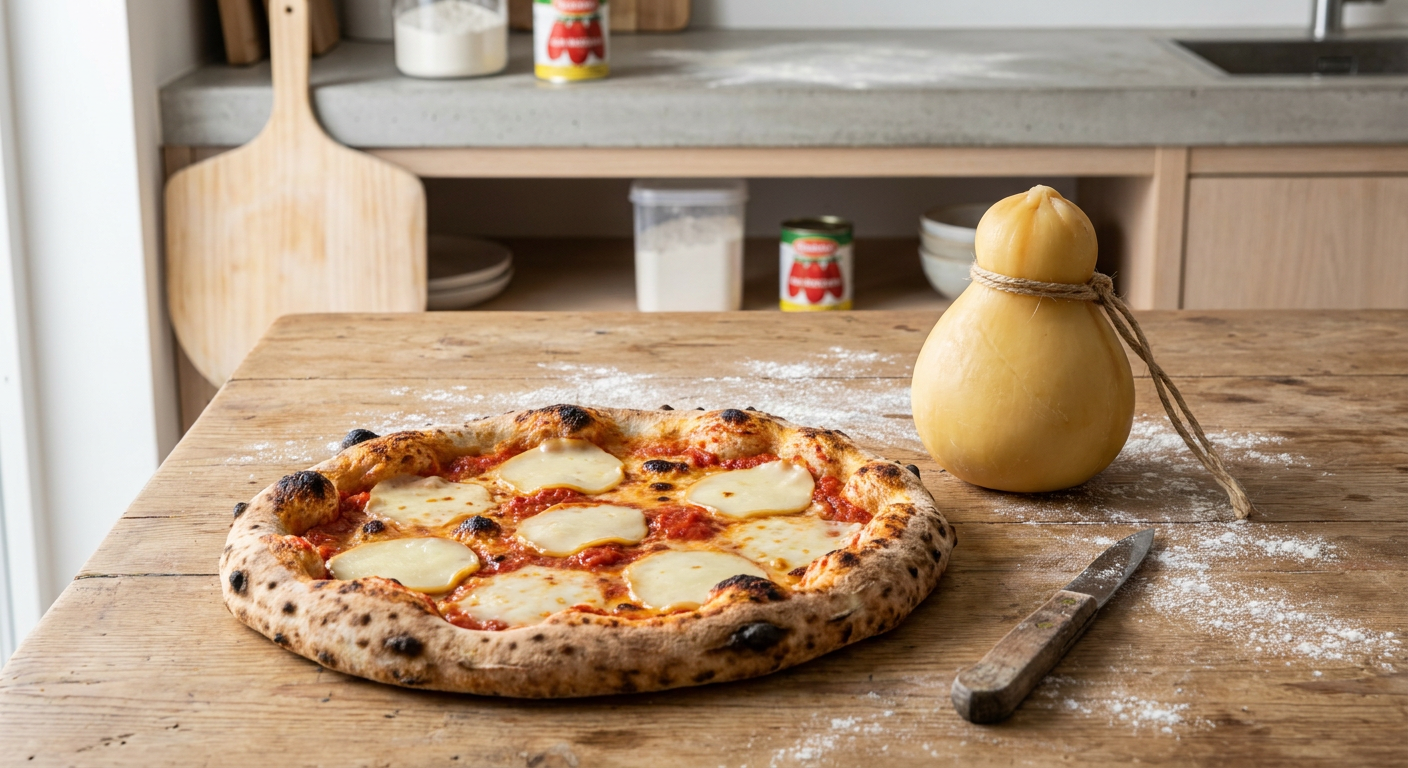 En hel Scamorza-ost ved siden af en opskåret pizza med smeltede skiver af den røgede ost.