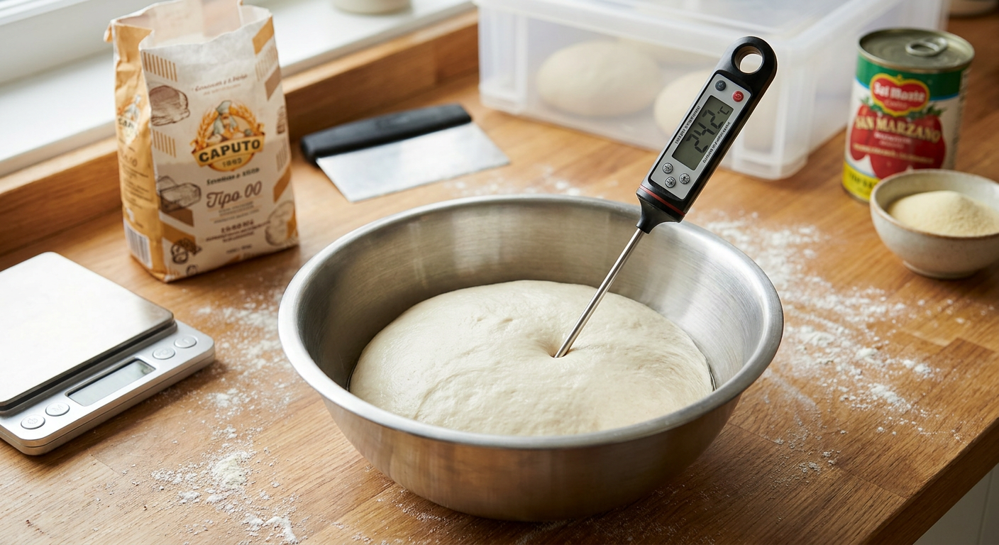 Et digitalt termometer med en lang metalprobe stukket ind i en glat pizzadej i en mixerskål af stål.