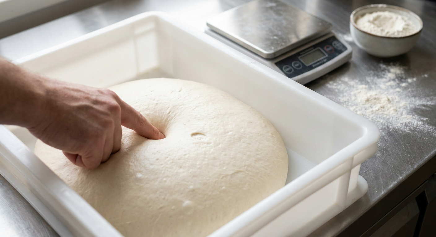 En person presser en finger let ned i en glat pizzadej for at teste dens elasticitet og hævegrad.