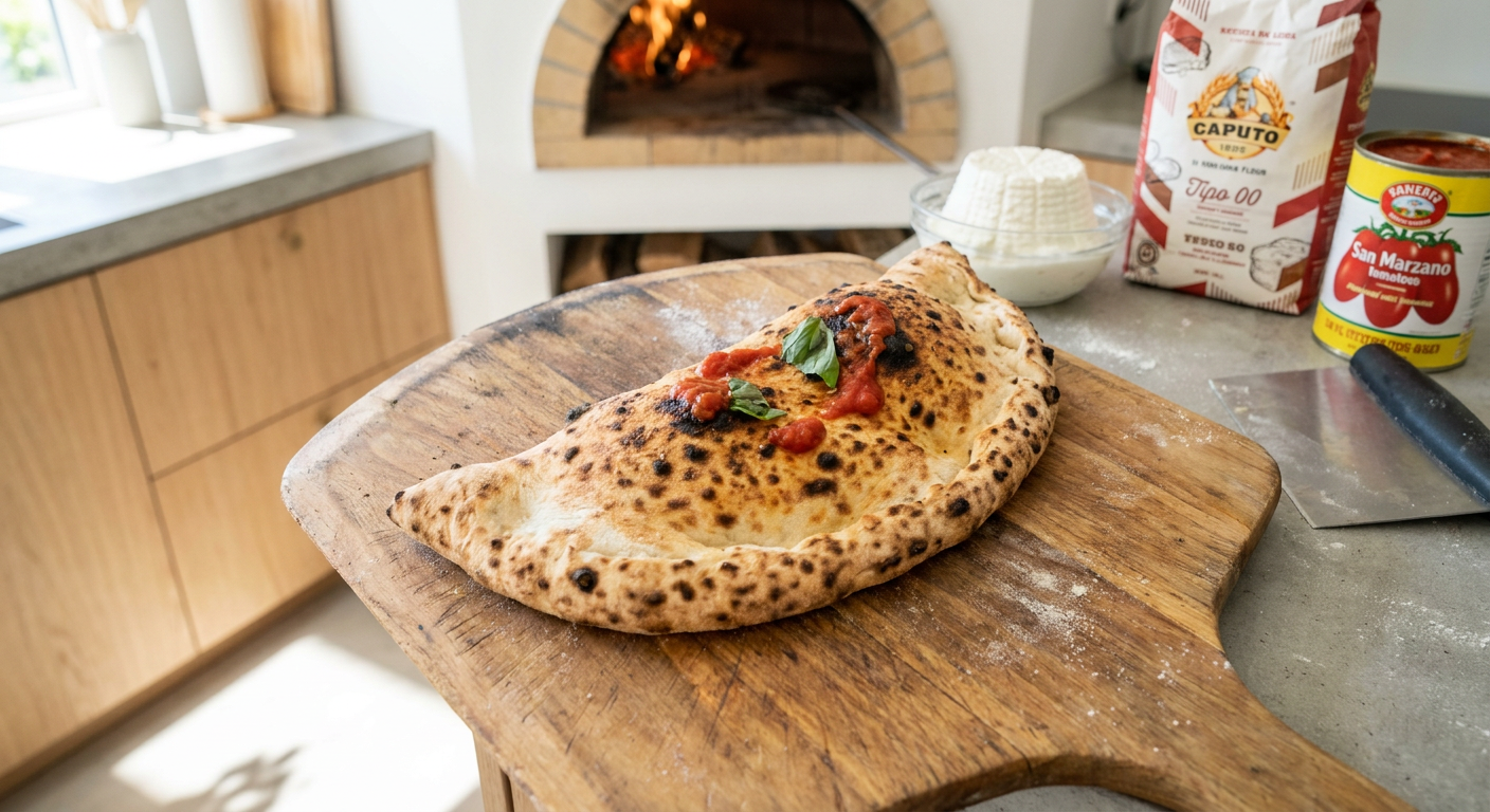 En færdigbagt napolitansk Calzone med gylden skorpe og smeltet ost der kigger frem fra siden på et rustikt træbord.