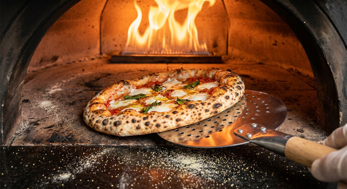 En 20 cm perforeret vendespade i rustfrit stål løfter kanten på en napolitansk pizza inde i en glødende Ooni Koda 16.