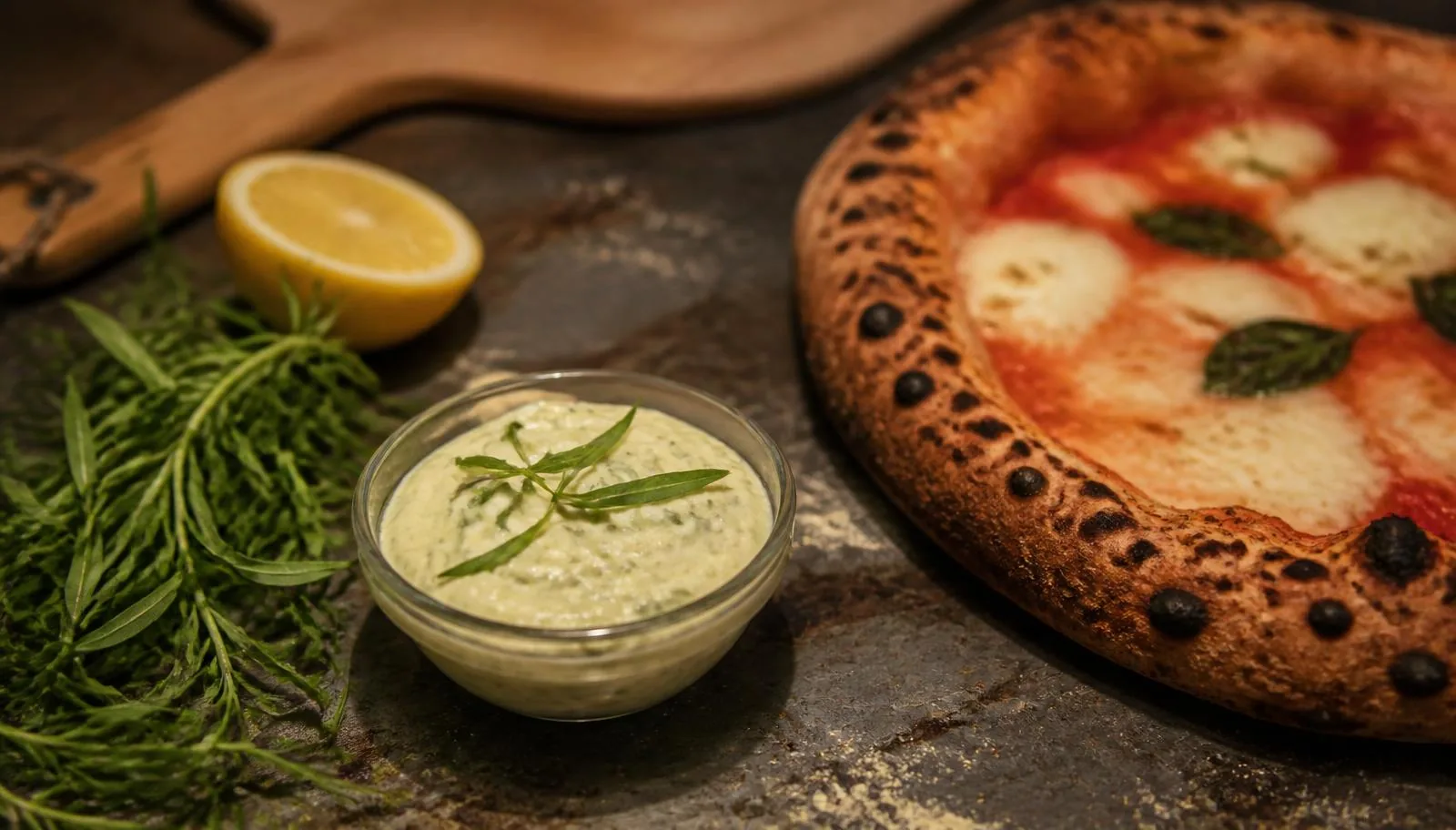 Skål med grønplettet estragonmayo med friske estragonkviste ved siden af en nybagt napolitansk pizza og en halv citron.
