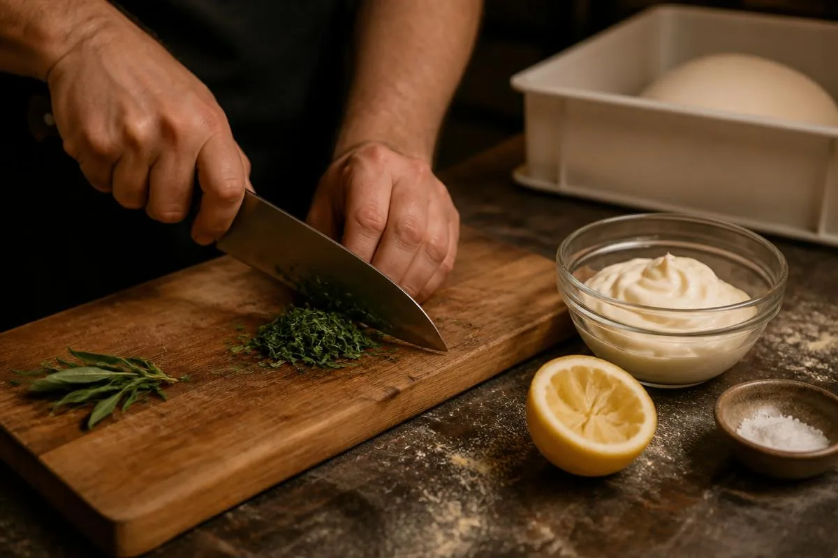 Frisk estragon hakkes fint på et træskærebræt ved siden af en skål mayonnaise og en presset citron.