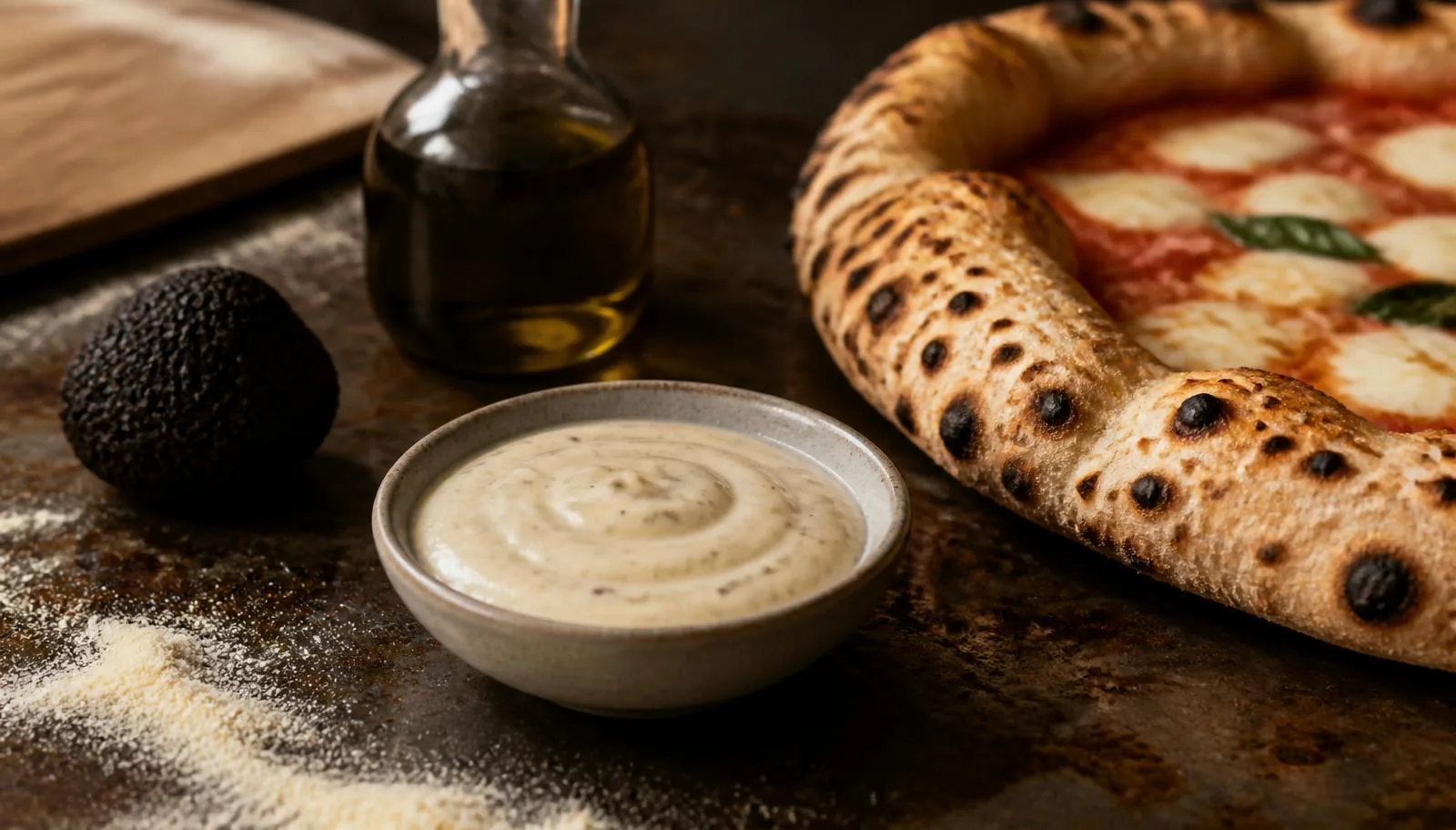 Skål med cremet trøffelmayo med små mørke trøffelprikker ved siden af en nybagt napolitansk pizza og en hel sort trøffel.