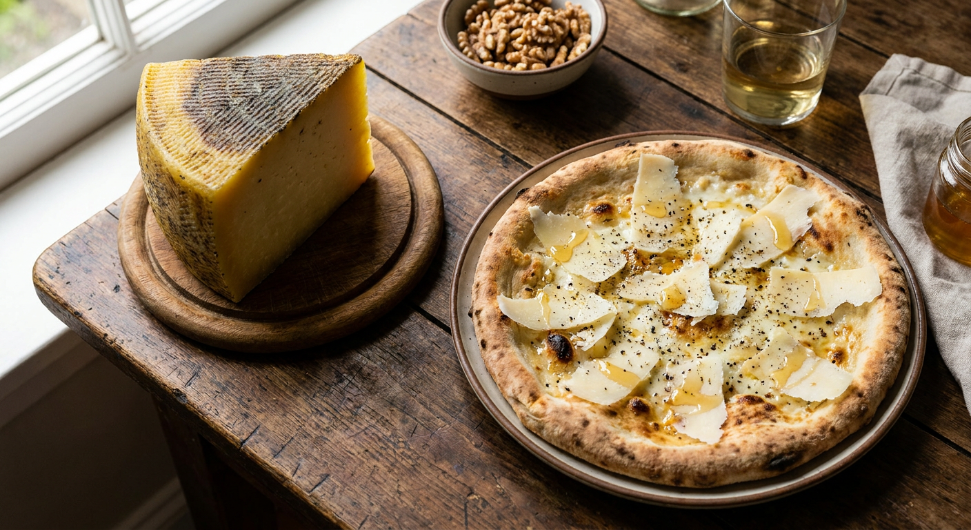 En blok Pecorino Sardo ost ved siden af en friskbagt pizza med tynde skiver af osten og sort peber.