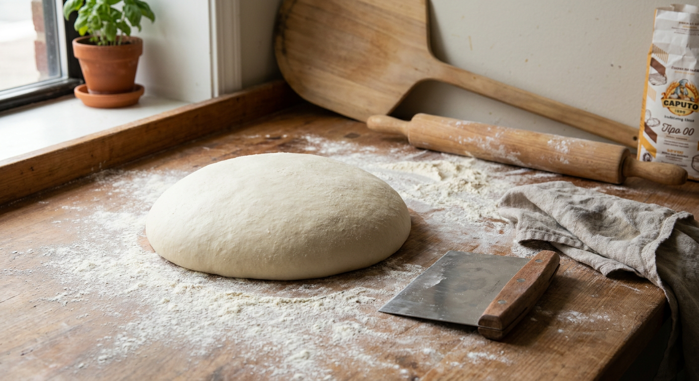 Pizzadej der hviler på et træbord dækket af et fugtigt klæde efter første opstramning.