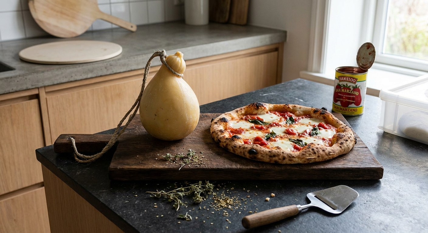 En hel caciocavallo-ost med det karakteristiske snoretræk ved siden af en friskbagt pizza.