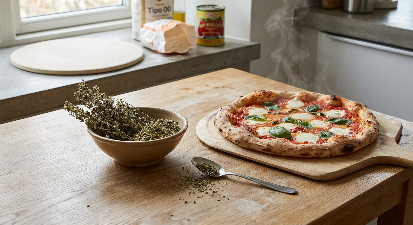 En lille bunke tørret, bleggrøn oregano ved siden af en napolitansk pizza med tomatsauce.