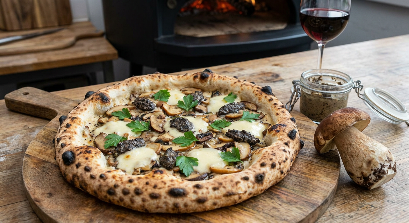 En napolitansk Pizza Porcini e Tartufo med stegte karljohansvampe og trøffelcreme på et rustikt træbord ved siden af en pizzaovn.