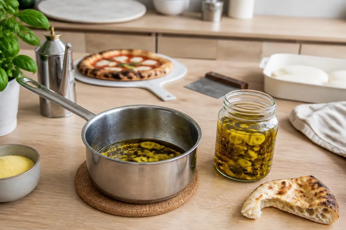 Hvidløgsfed der infuserer langsomt i olivenolie i en lille gryde