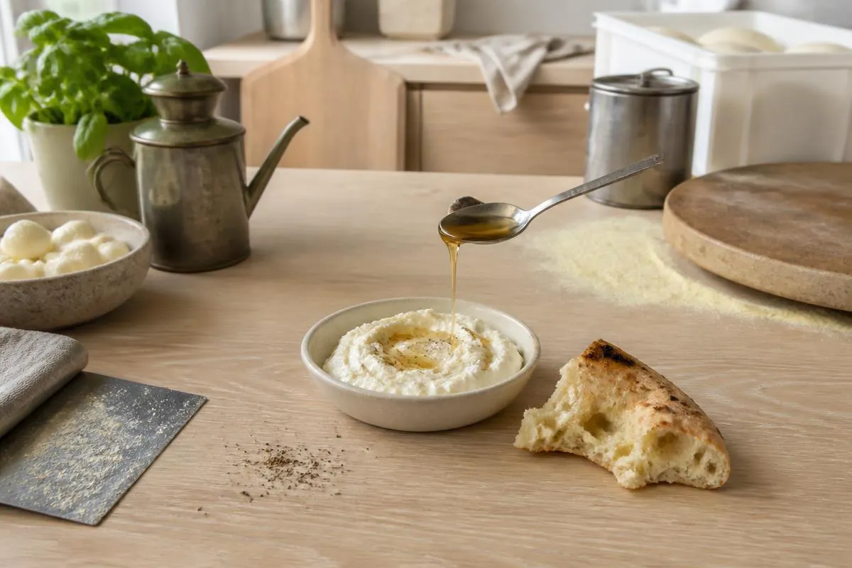 Honning røres i blødpisket ricotta i en skål med en dejskraber